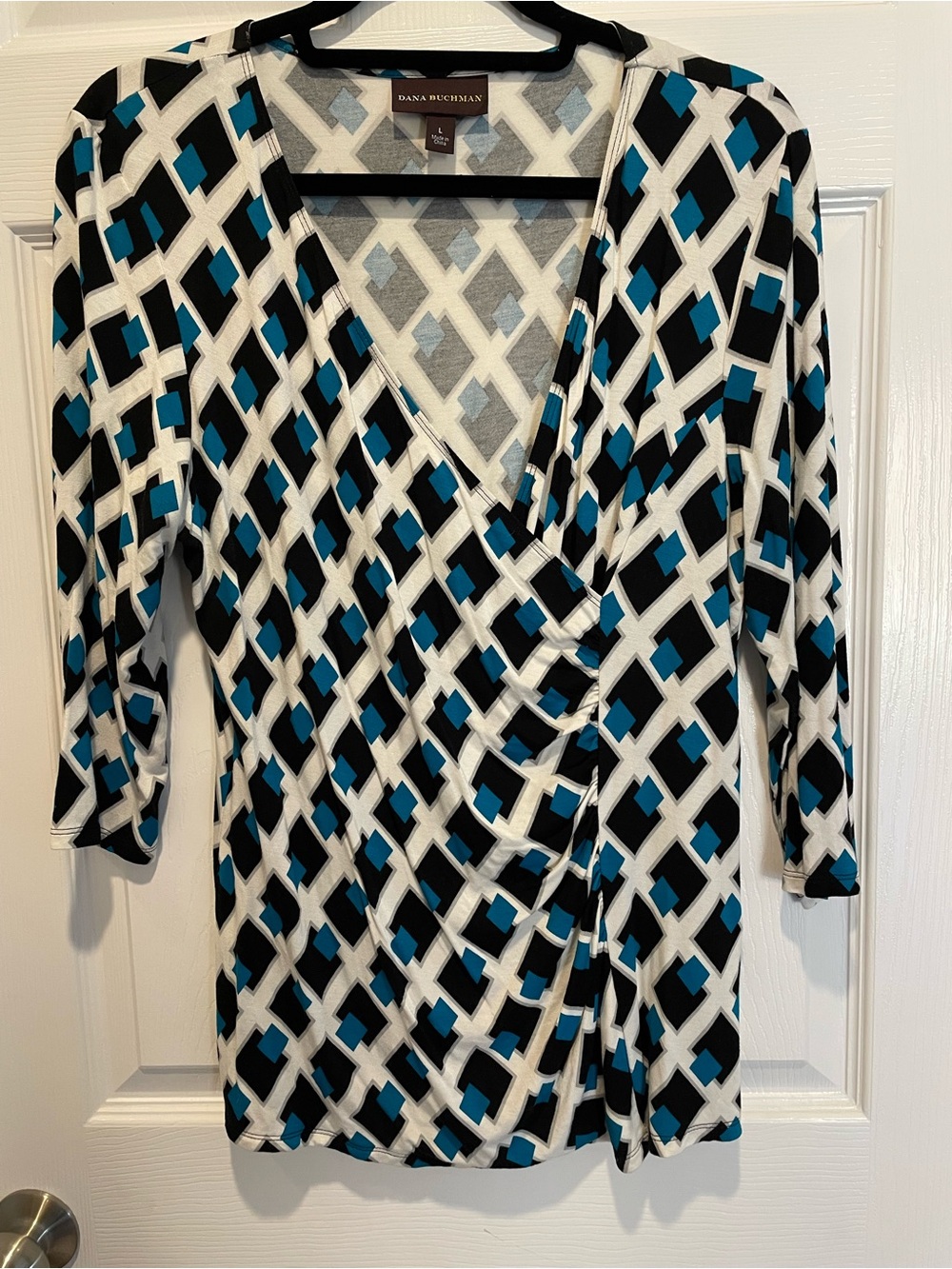 Dana Buchman Black White and Teal Geometric Print Blouse